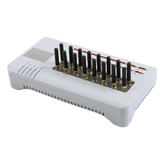 GOIP16, a 16-port GSM to VoIP gateway with 16 SIM slots used for voice connectivity across markets
