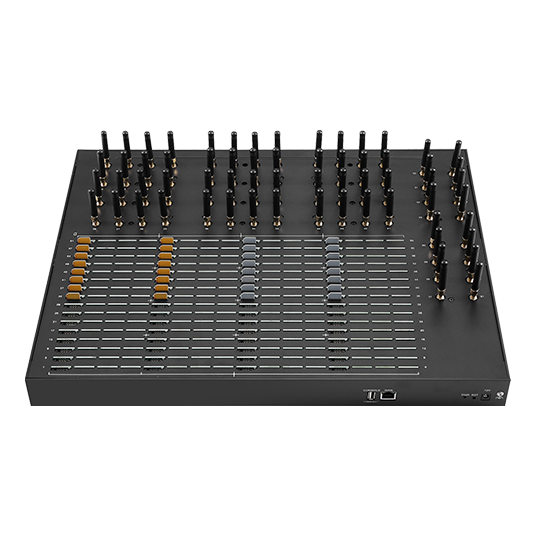 SK-SMS Gateway 64-64, a 64-port SMS gateway with 64 SIM slots whose console has to manage a large SIM estate