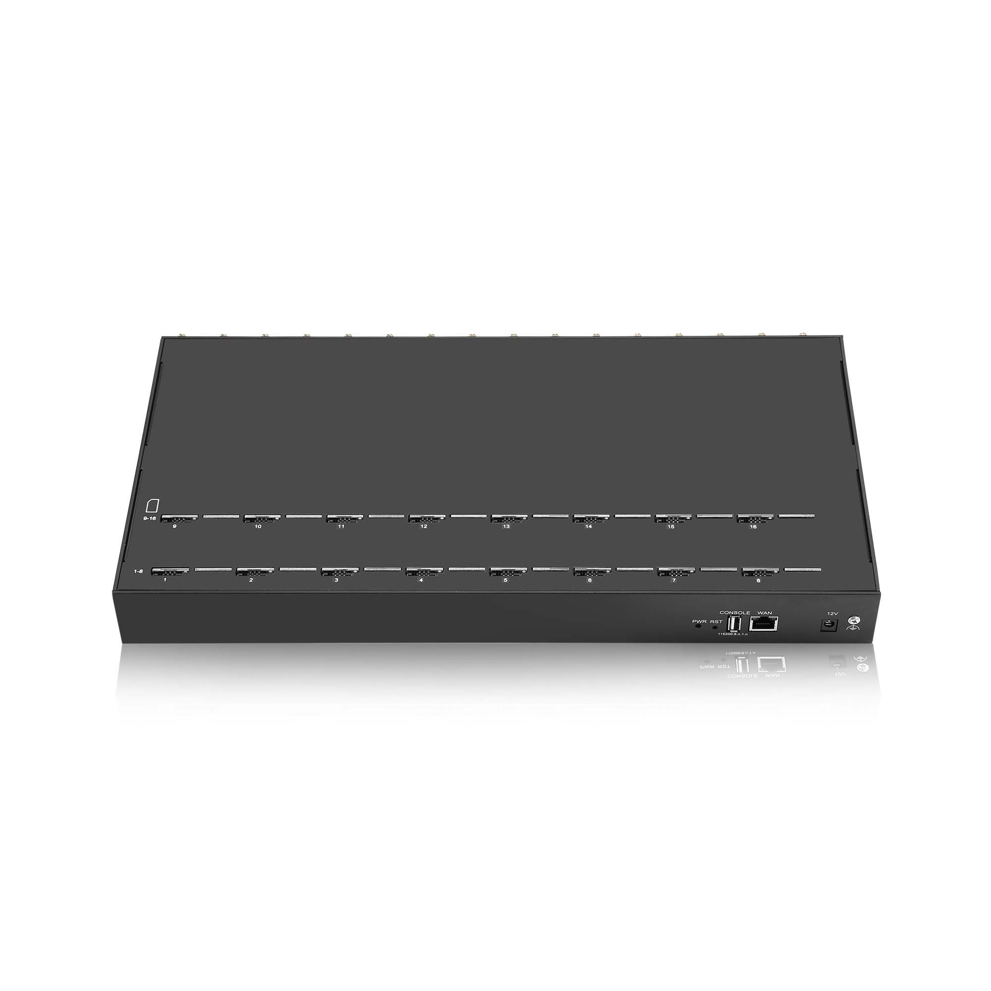 SK VOIP Gateway 16-16 GSM-to-VoIP gateway with sixteen ports and sixteen SIM slots